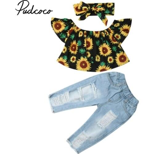 Fashion Summer Girls Clothing Set 2019 Children Off Shoulder Floral Tops Hole Denim Pants 3Pcs Kids Outfits Girl Clothes 80-120