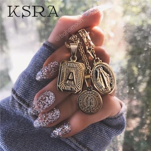 KSRA INS Bohomoon Vintage Metal Chain letter Necklace For Women Gold Silver Color Bohemia Pendant Necklace Jewelry Accessories