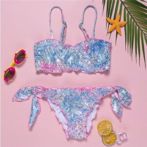 Girl’s Cute Two Piece Split Swimsuit Fresh Mermaid Pattern Suspender Tops and Bandage Triangle Shorts