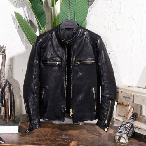 2020 Black Men Japan Style Slim Fit Bikers Jacket Plus Size XXXL Genuine Sheepskin Autumn Short Motorcycle Leather Coat