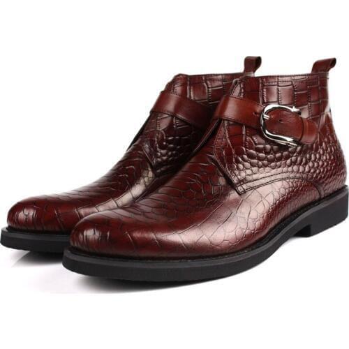 Crocodile Grain Tan / Black Mens Ankle Boots Genuine Leather Boots Male Dress Shoes With Buckle