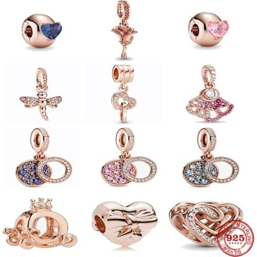 New Rose Gold 925 Silver Pink Blue Heart Solitaire Clip Dragonfly Charm Bead Fit Original Pandora Bracelet DIY Jewelry For Women