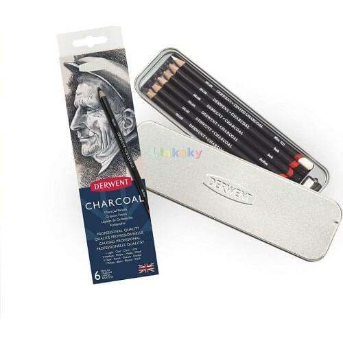 Derwent Charcoal Pencils, Metal Tin, 6 Count (0700838), Black/White,Lata Lapis Carvao Derwent Charcoal C/ 06 Unidades Original