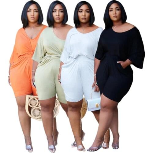 S-4XL Plus Size Sets Women Summer Clothing 2021 Loose Casual Solid Color Short Sleeve And Shorts Two Piece Outfits Wholesale