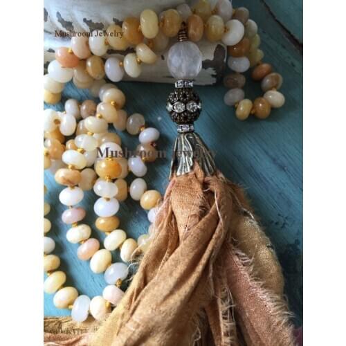 Knotted Roundel Agate Beads Boho Sari Silk Tassel Necklace Knot Agates Bead Long Boho Necklace