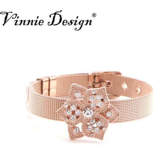 Vinnie Design Jewelry Stainless Steel Mesh Bracelet Set with Big Size Crystal Slide Charms