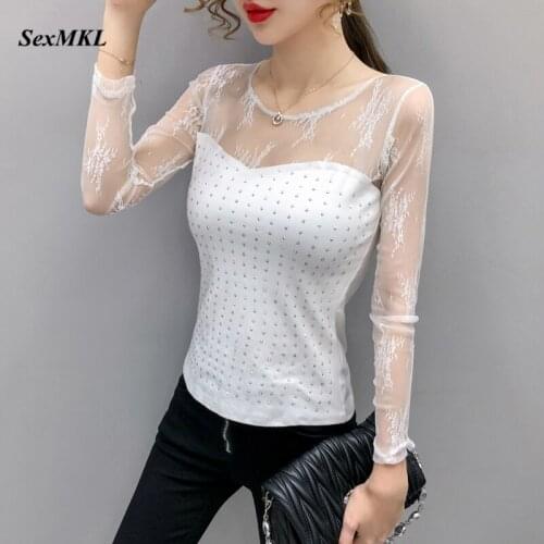 Women Sexy Lace Patchwork White Blouses 2020 Fashion Long Sleeve Beading Black Ladies Tops Korean Clothes Slim Camisas Mujer