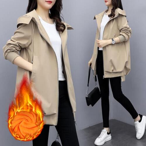 Large Size Loose Womens Autumn Womens Jacket Fashion Solid Zipper Female Hooded Jacket Student Plus Velvet Windbreaker Coat 22