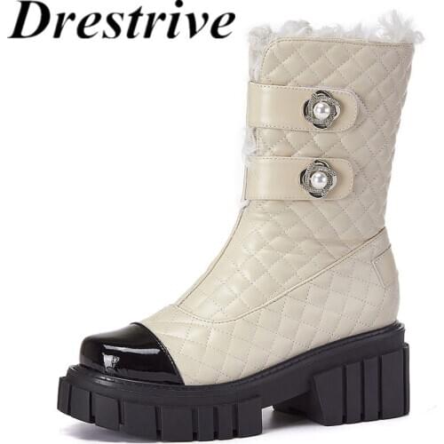 Drestrive Woman Ankle Boots Patent Leather 2020 Winter Shoes Metal Flower Round Toe Platform Zipper Black Thick Heel Non Slip