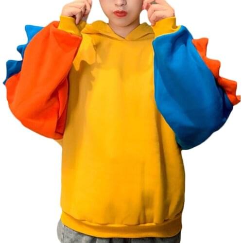 Women Cute Kawaii Dinosaur Patchwork Hoodies Bright Color Block Long Sleeve Sweatshirt Harajuku Oversized Loose Cosplay Y1AC