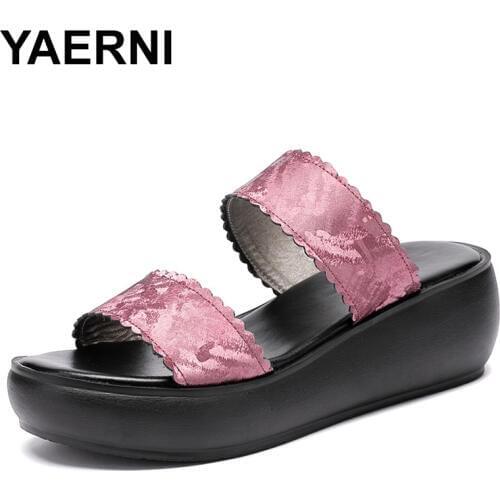 YAERNI women slipper 2020 ladies summer slippers shoes women wedges heels fashion summer genuine leather shoes platform
