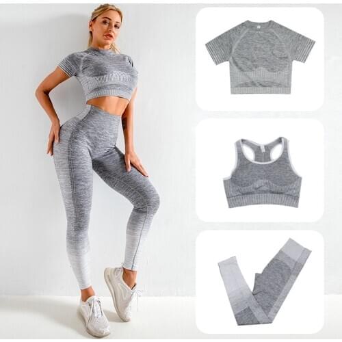 Female Yoga Gym Clothing Set Women 3pcs Seamless Workout Clothes Short Sleeve High Waist Leggings S-XL Fitness Running Suits