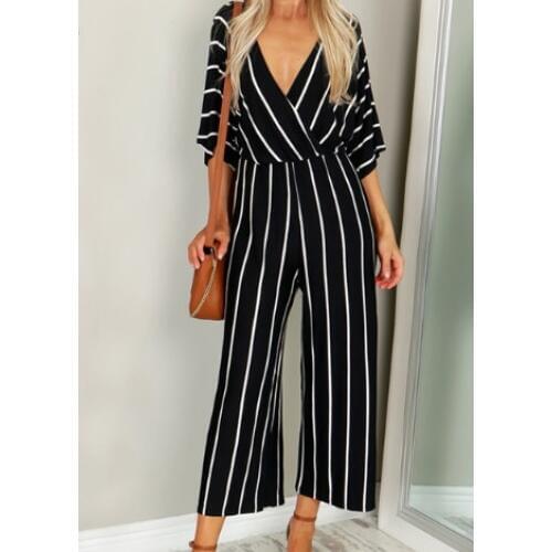 2 Colors Women Black White OL Work Half Sleeve Casual Striped Jumpsuit Loose Wide Leg Pants Suit Playsuit