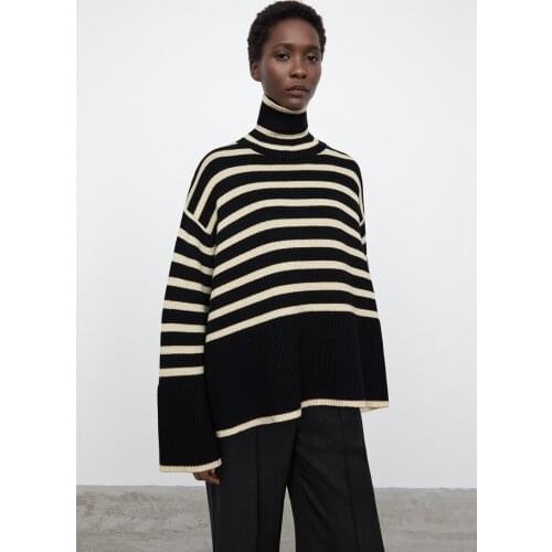 Totem* wool cotton women sweater winter autumn season turtle-neck straped casual style top casual loose oversize