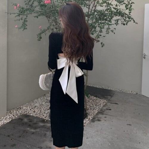 Vestidos Mujer Vintage Slim High Waist Bow Backless Split Square Collar Long Sleeve Black Velvet Dress Women Bodycon Party Robe