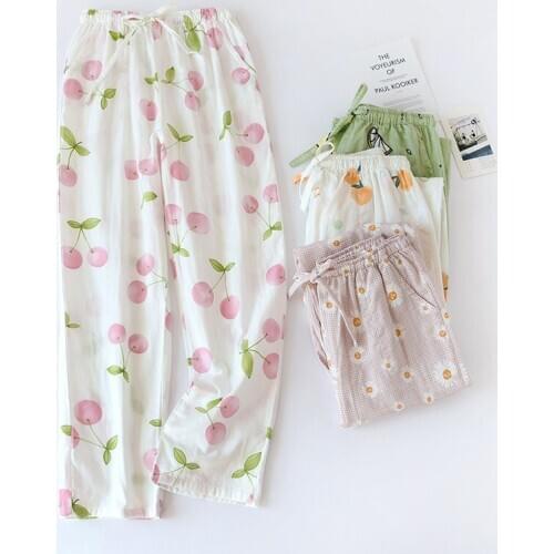2021 Spring and Summer Couples Home Pants Women Cotton Double Gauze Thin Sleep Pants Sleep Bottoms Casual Printing Pyjamas