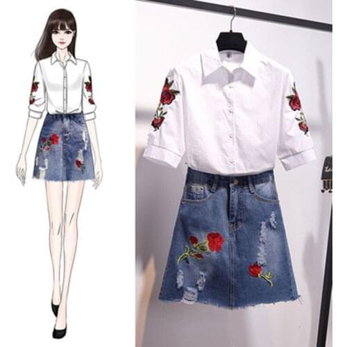 2020 Embroidery Cotton Shirt Two-Piece Set Womens Summer Korean Style New Half Sleeve Blouse Embroidered Denim Skirt Suits