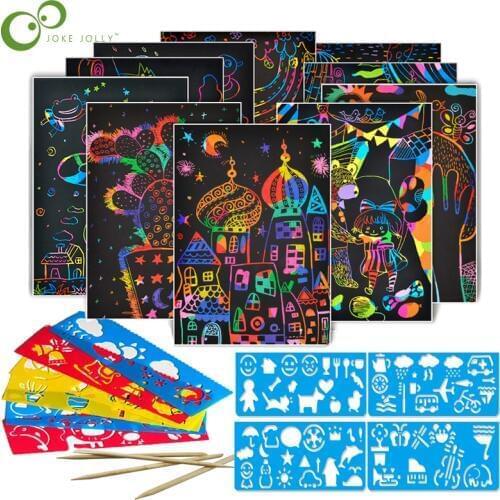 30/50 Sheets Magic Color Rainbow Scratch Art Paper Card Set with Graffiti Stencil for Drawing Stick DIY Painting Toy Kids ZXH