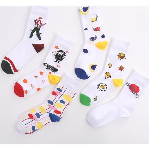 6 pairs Korean Style Women Winter Cotton Socks Colorful Funny Cute Socks Cartoon Socks Japanese Harajuku kawaii Crew Socks White