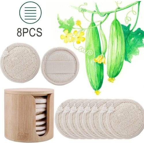 8pcs Natural Luffa Plant Fiber Makeup Remover Pads With Bamboo Storage Box Facial Scrubbing Washer Cleaning Brush Loofah Slices