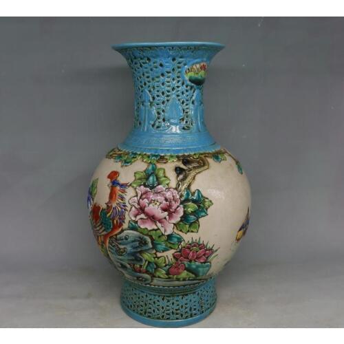 Antique QingDynasty porcelain vase,Pastel carved flowers Blue bottle,Hand-painted crafts,collectio &adornment,Free shipping