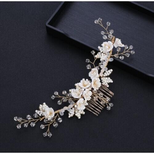 White Resin Flower Pearl Women Hair Combs Bride Wedding Hair Accessories Tiara Clip Crystal Crown Bride Bridesmaid Hair Jewelry