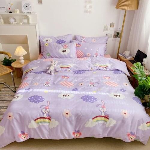 Rabbit Kids Duvet Cover Set Queen, 100% Cotton Bedding For Girls Cartoon Animal Cute Bunny Comforter Cover+Flat Sheet+Pillowcase