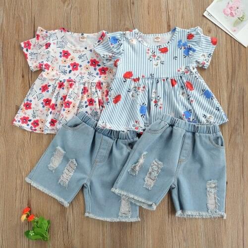 OPPERIAYA 2Pc Kids Casual Set Flower Print O-Neck Short Sleeve Pullover T-shirt Ripped Denim Shorts for Summer 18 Months-6 Years