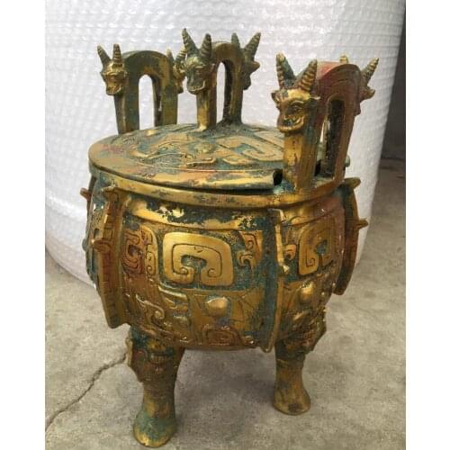 Chinese Rare Exquisite old golden tripod Three-legged ears bronze statue 24CM