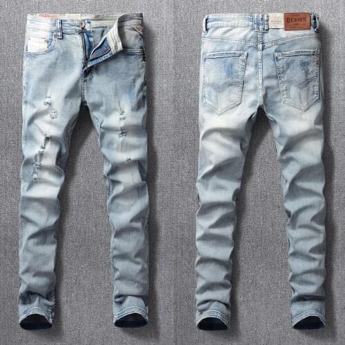 Korean Style Fashion Men Jeans Retro Light Blue Elastic Slim Fit Ripped Jeans Men Streetwear Designer Hip Hop Denim Punk Pants