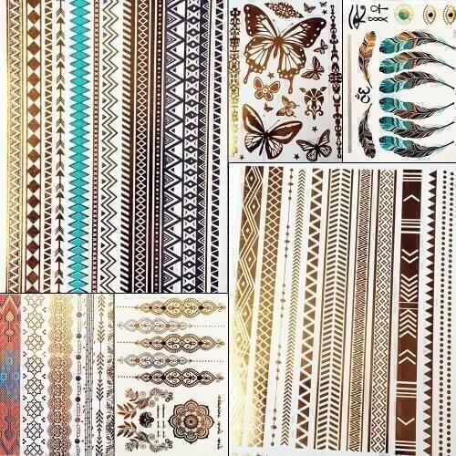 Summer Style Girl Women Henna Gold Metallic Flash Tattoo Stickers Girls Fake Waterproof Tattoo Golden Color Bracelets Leg Tatoos