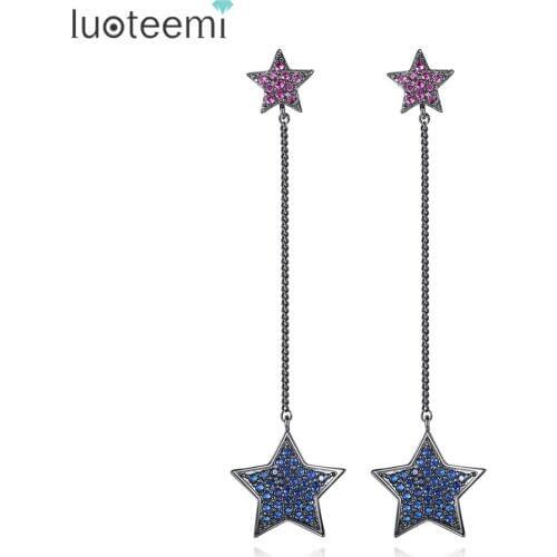 LUOTEEMI New Fashion Jewelry Pink Blue Color Cubic Zirconia Double Strars with Gun Black Chain Drop Earrings for Girl Party Gift