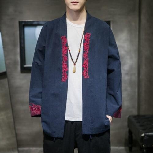 MrGB Chinese Style Embroidered Mens Coat Cotton Linen Kimono Jacket Oversize Casual Vintage Male Cardigan High Quality Clothing