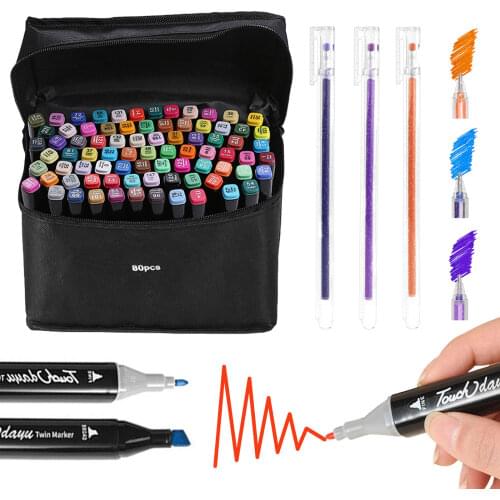 36/40/60/80Colors Oil-based Dual-Headed Colored Markers Set + 3 Colorful Gel Ink Pens for Kids Adults Writing Drawing Doodling