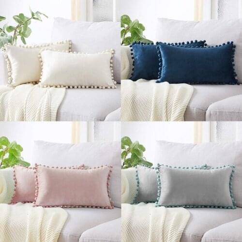 W3JA Nordic Style Velvet Lumbar Waist Throw Pillow Cover with Pom Pom Simple Solid Color Decorative Rectangle Cushion Case