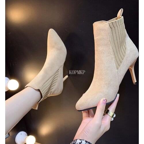 2021 New Women Boots Apricot Ankle Short Boots Flock Pointed Toe 7CM Thin Heels Winter Booties Woman Wool Elastic Slip On Boots