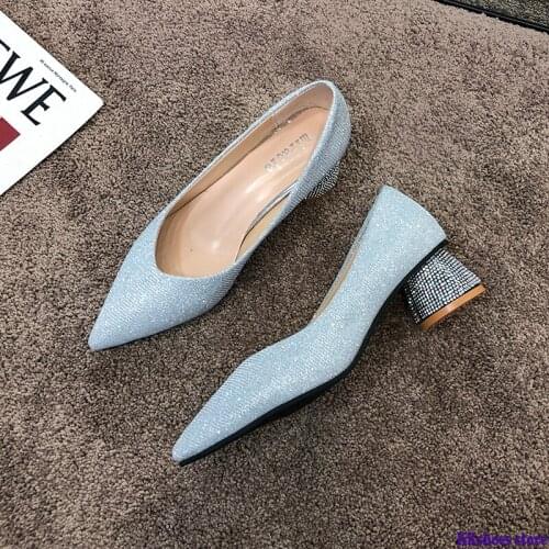 New Women High Heel Shoes with Pointed Female with Coarse High Heels Black Silver Gold Sequined Shoes Sandalias Femeninas