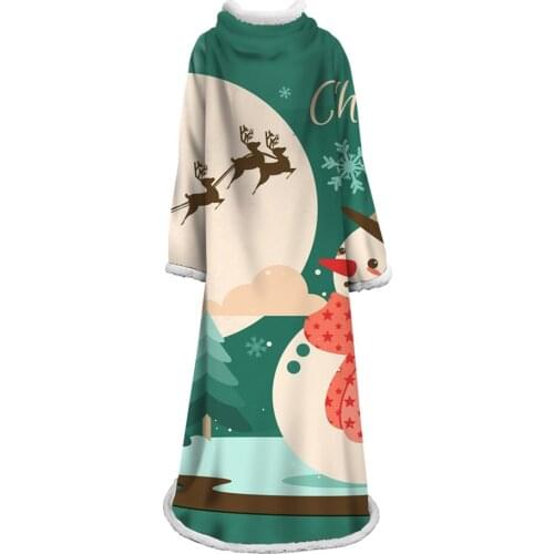 Sleeve Blanket Elk Snowflake Forest Silhouette Blue Christmas Portable Wearable Fluffy Custom Blanket With Sleeve