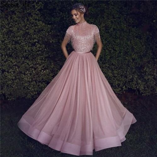 Pink Short Sleeveless Tassel Beading Evening Dresses 2019 Latest Design High Collar Tulle Evening Gowns Serene Hill DLA60997