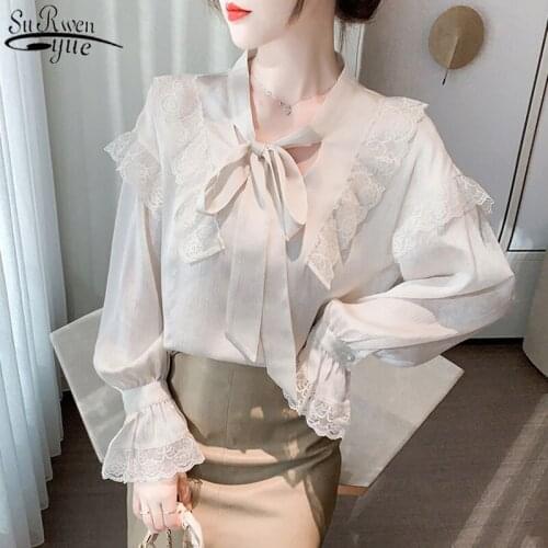 Hong Kong Style Retro Chiffon Shirts Women Strappy Shirt Spring 2021 New Lace Ruffled Trumpet Sleeve Top Womans Blouses 13210