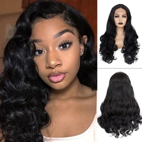 V'NICE 1B# Color Natural Glueless Synthetic Lace Front Wig Black Wavy Wig for Women Daily Heat Resistant Fiber Hair