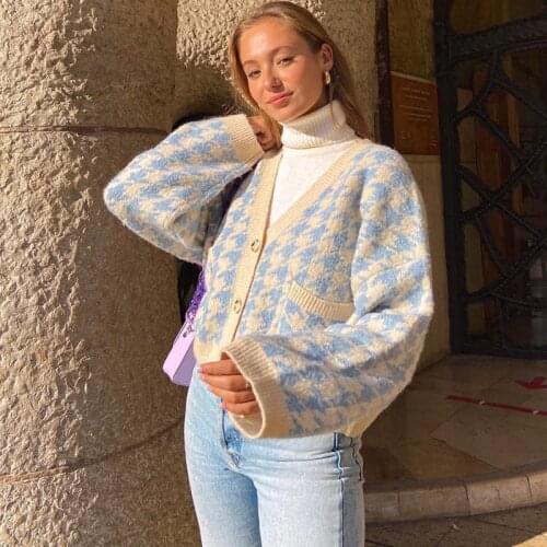 Vintage 90s Houndstooth Plaid Cardigans Women Autumn V Neck Loose Knitted Crop Tops woman Casual Long Sleeve Winter Streetwear