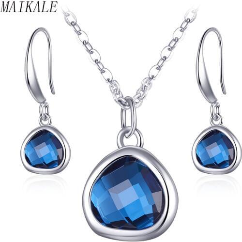 MAIKALE Luxury Blue Austrian Crystal Jewelry Sets Silver Color Earrings+Necklace Pendant 2pcs/set for Women Accessories Gifts