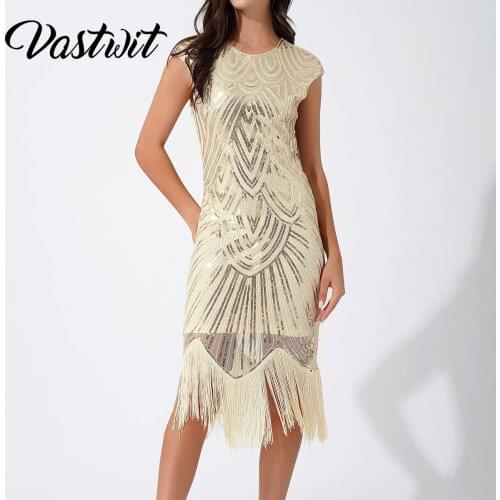 Women Vintage Sequin Embellished Flapper Dress Round Neck Short Sleeve Irregular Tassel Hem Party Dress for Party Pageant