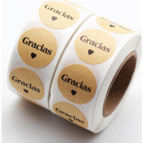 500Labels/Roll Round Gracias Spanish Thank You Natural Kraft Adhesive 1 inch For For Wedding/Party/Gift Box Decoration
