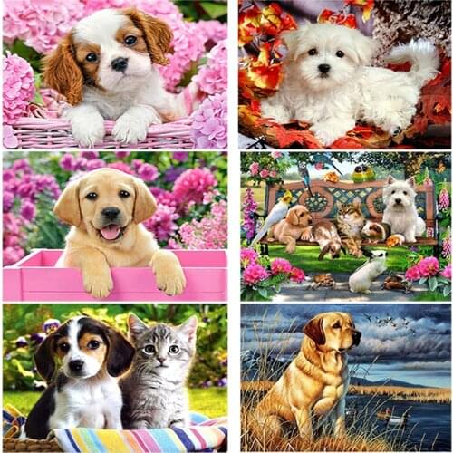 DIY 5D Diamond Painting Dog & Flower Diamond Embroidery Full Round Drill Animal Mosaic Rhinestone Cross Stitch Home Decor Gift