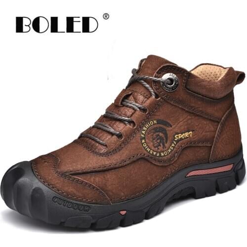 Plus Size Natural Leather Boots Men Warm Plush Fur Autumn And Winter Shoes Men Waterproof Outdoor Waterproof Ankle Snow Boots