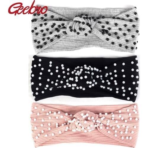 Geebro Woman Summer Solid Rhinestones Ribbed Headbands For Ladies Soft Stretch Cotton Head Wrap Turban Hair bands Accessories