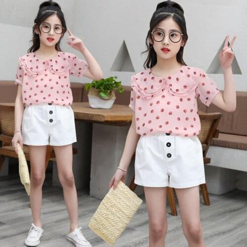 Kids Summer Girls Clothes Sets Fashion Dot Chiffon Short Sleeves Tops & Shorts 2Pcs Suit Preppy Style Children Clothing