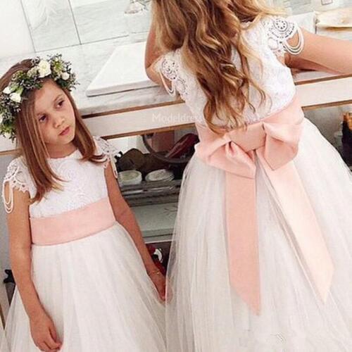 Holy Lace Flower Girls Dresses Jewel Lace Bow A Line Tulle Floor Length Toddler Gown For Wedding Girls First Communion Dress